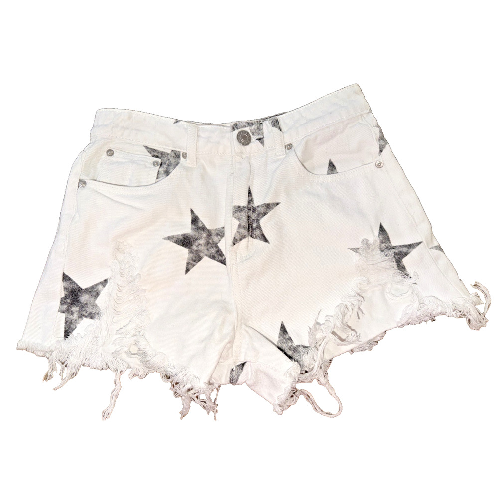 Blue Buttercup White Star Print Distressed Denim Shorts Medium High Rise